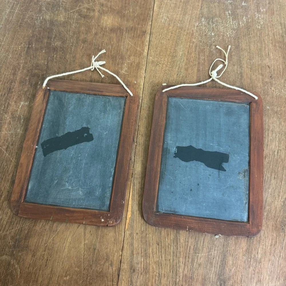 Pair Hand Painted Little Girl on Black Slate in Frames Made‎ in Portugal